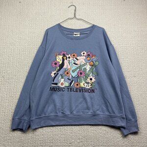 MTV Long Sleeve Crewneck Sweater Sweatshirt Wom Sz 2X Blue Groovy Graphic Floral